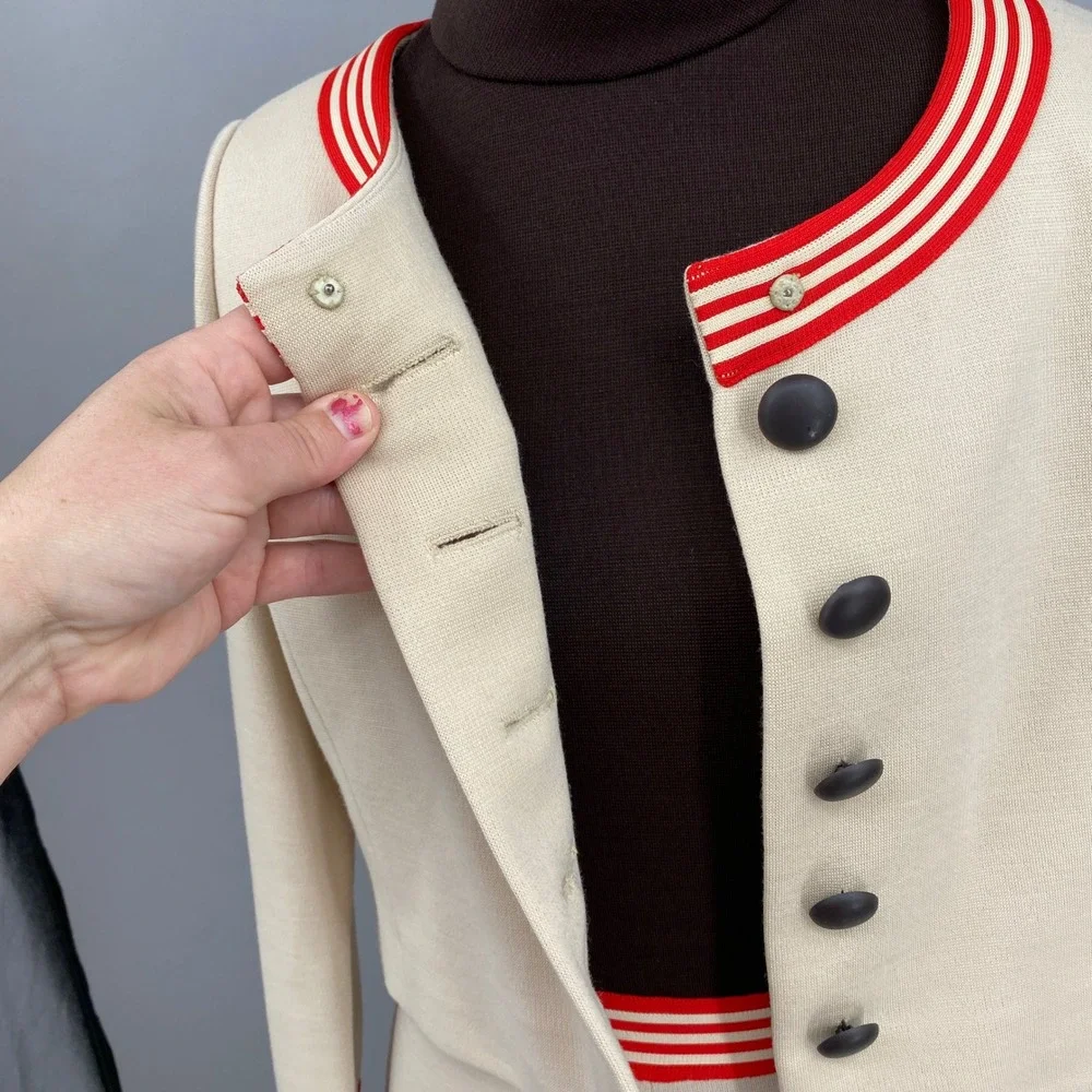 Vintage 70s Knit Dress Jacket Set Cream Chocolate Brown Mod A-Line Midi S/M